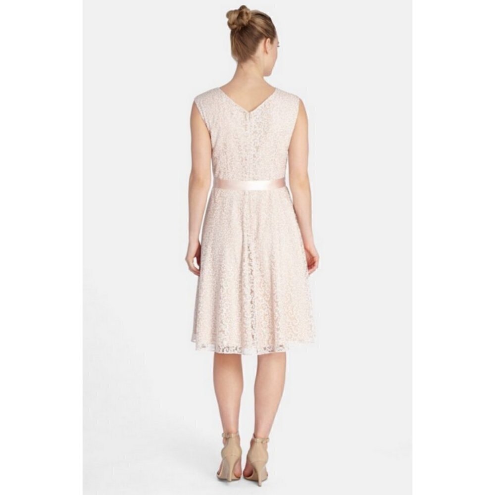 💕TAHARI by ASL💕 Glitter Lace Trim Metallic Ribbon Belted Dress Light Pink 18W - Picture 6 of 14